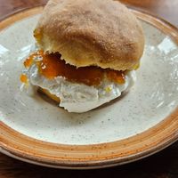 Fruit scone with whipped cream and apricot jam at Backwoods Bakery in Dharamshala