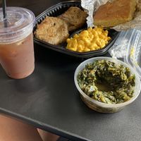 Fried chicken dinner with Mac and collard greens   at Chubby Vegan in Harleysville