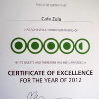 Certificate of excellence for the year 2012 from Trip advisor  at Cafe Zula in Kalkan