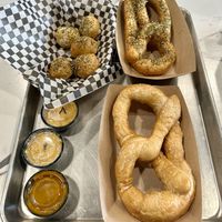 Vegan Italian knot & bites, vegan butter & salt knot, spicy vegan cheese, & maple mustard   at The Salted Knot in Mesa