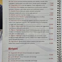 The veggie menu at Rang Mahal in Aveiro