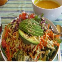 Black bean taco and curried squash soup. The soup has both summer and winter squash in it. at Shine Cafe in Morro Bay