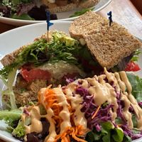 Tempeh Reuben 
seared strps of seasoned tempeh served on sprouted grain bread at Shine Cafe in Morro Bay
