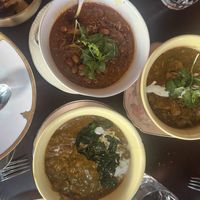 African Curry (AMAZING MUST TRY) , mister Daal (also Really Good) and the Butter Chicken (not my order ) and the Roti is amazing as well   at Cobi's in Santa Monica