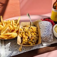 2x Beetroot falafel, fries, corn with mushrooms and vegan cheese, non-alcoholic beer  at Abla in Crete