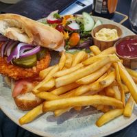 Chick'n burger with fries and salad at De Liefhebber in Delft