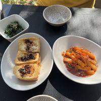 Banchan - Garlic Spinach, Tofu & Tteokbokki  at Seoul Food in Windhoek