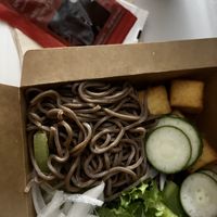 Tofu, cucumbers, grain, buckwheat noodles, carrots, nuts, olives, jalepenoes, onions   at Salady - Busan Seomyeon in Busan