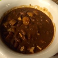 Fried brown rice and red beanstew at Zrno Bio Bistro in Zagreb