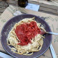 Pasta with beet sauce- so good!  at Zrno Bio Bistro in Zagreb