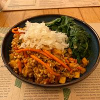 Gomoku bowl (I had them leave off the seitan). I have not had such good brown rice before, perfectly cooked and still slightly chewy. at Zrno Bio Bistro in Zagreb