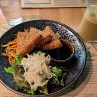 Breaded tofu and a orient express smoothie at Zrno Bio Bistro in Zagreb