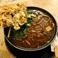 Udon noodle soup with vegetable tempura at Zrno Bio Bistro in Zagreb