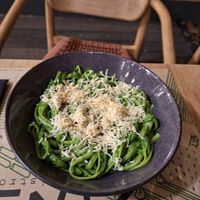 Green peace pasta is very good with lots of condiments added at Zrno Bio Bistro in Zagreb