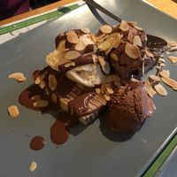 Hungarian cake with chocolate and vanilla ice cream at Zrno Bio Bistro in Zagreb