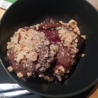 Brownie with berry ice and roasted hazlenuts at Zrno Bio Bistro in Zagreb