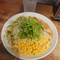 Green onions, corns ans bamboo shots (what I asked) and few additional greens. Egg possible if you vegetarian. Taste is good. at Menya Shirakawa Bettei in Gifu