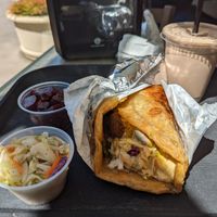 Falafel wrap in ma'lawah, sides of cabbage salad and beets, tahini-date shake at The Ma'lawah Bar in Palo Alto