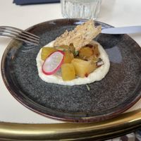 Starter at Bonboon with quinoa creme and yellow beets  at Vegan Food Tour Amsterdam in Amsterdam