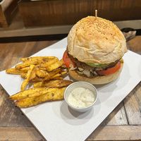 vegan burger with home made fries  at Full Lotus Mindful Kitchen in Coron