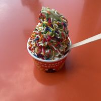 vegan vanilla blended with raspberry and matcha!  at Far Out in Brookline