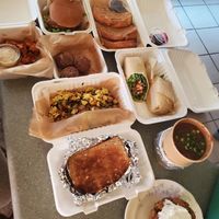 Cinnamon French Toast, Chickun Sandwich, Breakfast Hash, Buffalo Wrap, Chili, and apple banana fritters.  at Vedged Out in Waterford
