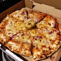 Medium 2 topping (garlic and onion) pizza with vegan cheese at Jim's Pizzeria - Sardis in Chilliwack