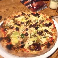 artichoke, kalamata olive, and mushroom vegan pizza at Famoso Neapolitan Pizzeria in Edmonton