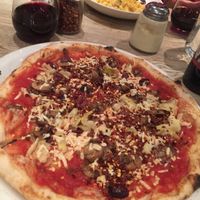 tomato sauce, daiya cheese, kalamata olives, mushrooms and artichoke hearts  at Famoso Neapolitan Pizzeria in Edmonton