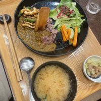 Curry, brown rice and miso soup  at Komaki Shokudo in Tokyo