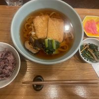 Tofu and udon noodle soup with sides that came with it.   at Komaki Shokudo in Tokyo