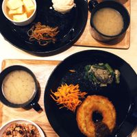 Shojin ryori inspired lunch set with fried gluten, fresh veggies, fermented brown rice, miso soup at Komaki Shokudo in Tokyo