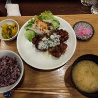 Soy meat Karaage ser meal  at Komaki Shokudo in Tokyo