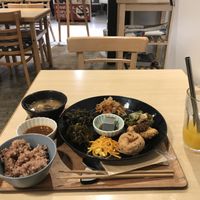 The ‘a bit of everything’ plate & OJ  at Komaki Shokudo in Tokyo