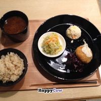 The small menu. A selection of two salads and one fried dish. Soup and rice come as standard. at Komaki Shokudo in Tokyo