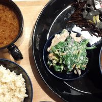 genmai (unpolished/brown rice, bottom left) and miso soup  at Komaki Shokudo in Tokyo