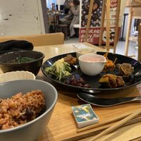 Large set with brown rice - some cold elements, some hot at Komaki Shokudo in Tokyo