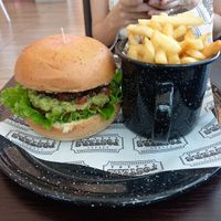 Mexican Burger: soy meat with guacamole and fries on the side. No beverage included at Fosters in Panama City
