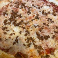 Vegan sausage pizza but closer image at New York Pizza Depot in Ann Arbor