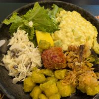 A mix of options from the self-service buffet (clockwise): risotto, potatoes with jackfruit, gnocchi, cabbage salpicão, lettuce, mango, plant based meatball at be munn in Passo Fundo