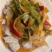 Lagman with rice instead of noodles (noodles are not vegan, they contain egg)  at Navat Teahouse in Bishkek