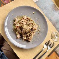 Pasta with eggplant cream and pistachio pesto  at La Casareccia in Avigliano Umbro