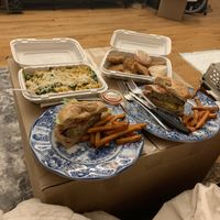 Spinach mac and cheese, nuggets, façon burger  at Loving Hut in Brooklyn