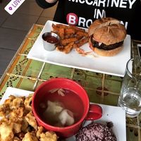 daily special and a burger at Loving Hut in Brooklyn