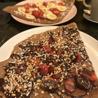 The ‘Brad Pitt’ in the foreground - so much chocolate, nuts & general loveliness! The ‘Pamela Anderson’ behind - fruit & maple syrup    at Culture Crêpes in Paris