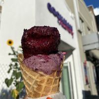 Blueberry Lavender sorbet + blueberry pancake in a waffle cone  at Cookman Creamery in Asbury Park
