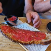 Spain's fave tomato + olive oil toast ("Lorquiana") at Cafelito in Madrid
