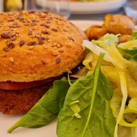 Vegan patty pea burger at Amarante in Geneva