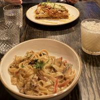Fettuccine Alfredo, lasagna, and a pear mocktail  at Oleum in Baltimore