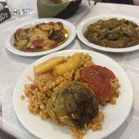 Briam (left), stuffed pepper & tomato (centre), okra (right)  at Fysa Roufa in Ioannina